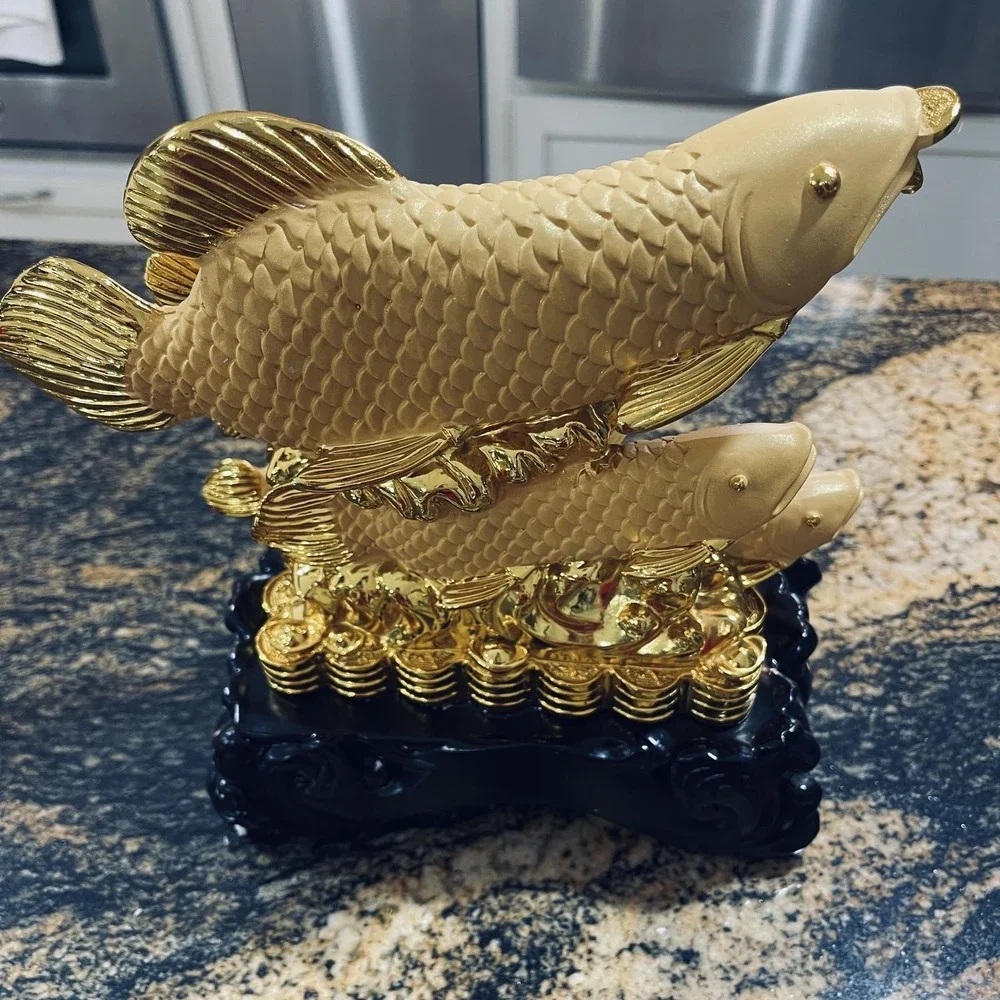 Gold Arowana Fish Feng Shui Resin Figurine Chinese Wealth Coins‎ Decor Small